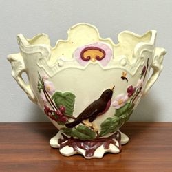 Vtg Embossed Porcelain Double Handled Barbotine Cachepot Planter Vase