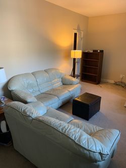 Italian Leather Living Room Set – Sofa, Loveseat + 2 End Tables with Lamps