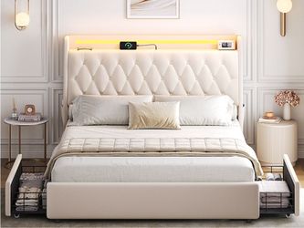 👀👀 *READ* Queen LED Velvet Bed Frame with 2 Storage Drawers & Hidden Headboard Beige