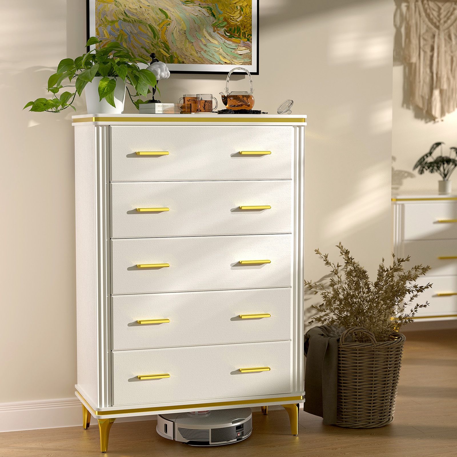 31.5" White Chest of 5 Drawer Dresser, for Bedroom, Living Room, Office,Easy to Match Design
