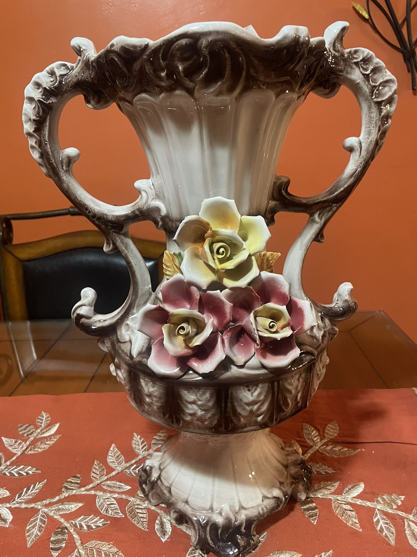 Vintage Capodimonte Italian Porcelain Flowers Vase 17” Tall