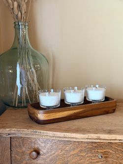 Wooden Bread Bowl with 3 Hand-Poured Candles in Vintage Glass