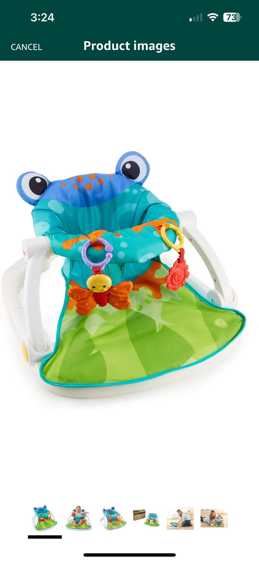 Fisher-Price Baby Portable Chair Sit-Me-Up Floor Seat with BPA-Free Teether and Crinkle -Toy, Froggy Seat Pad