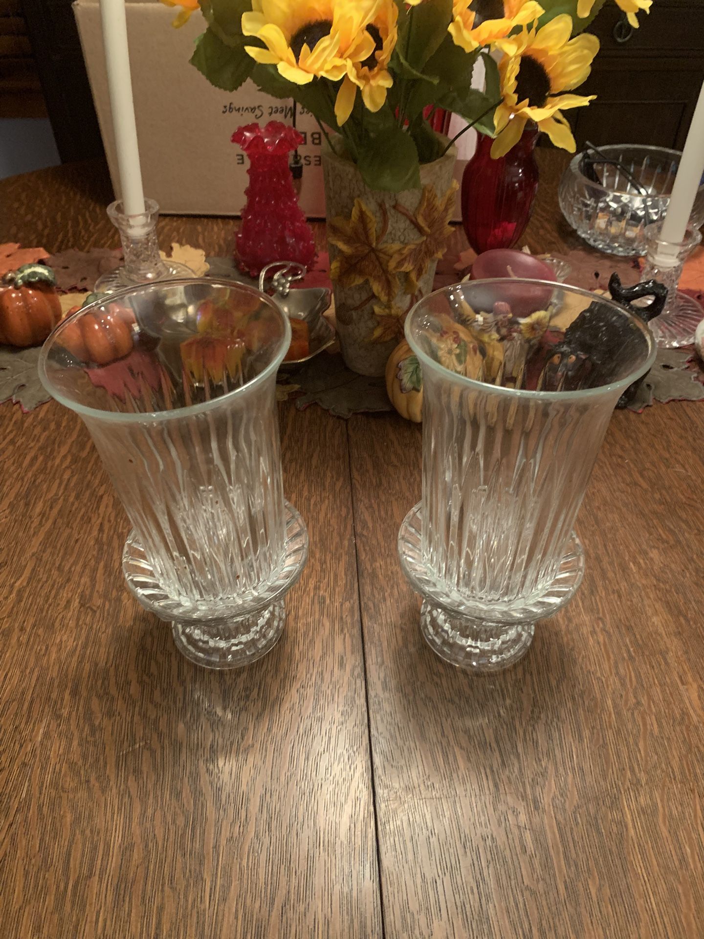 Two Hurricane Crystal Candle Holders 10” Tall