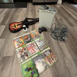 Xbox 360 Console With Controller, Guitar And Game Collection 