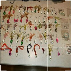 70 Weighted Fishing Lures, Skirts, Barbed Leader Line Diff Sz & Colors   
