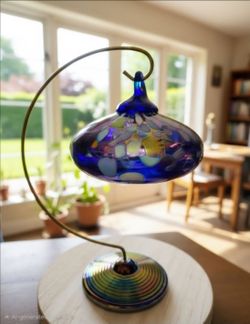 Carnival Glass Rainbow Blown Christmas Ball Ornament with Stand.