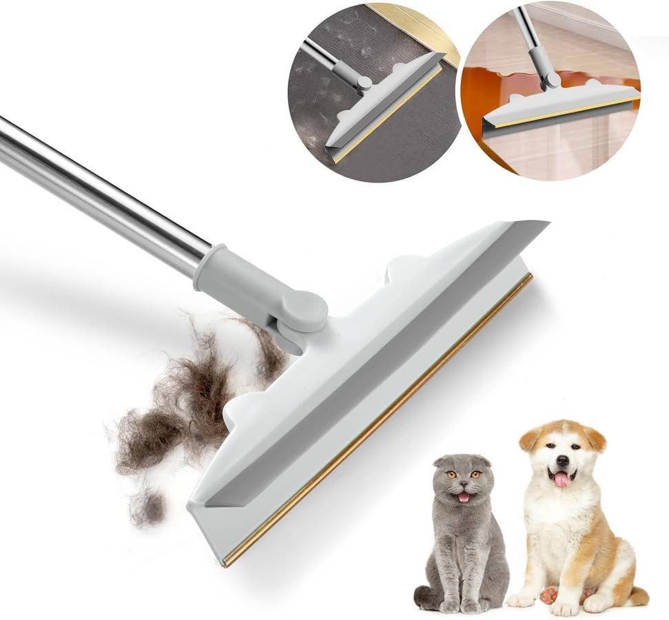 new Dual Sided Pet Hair Remover-Telescopic Long Handle Carpet Rake for Dog Cat Hair Removal & Silicone Metal Fur Scraper Tool Reusable for Wet Dry Sur