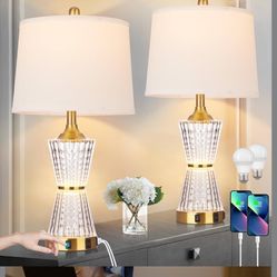 26" Modern Table Lamps, Gold Set of 2 Table Lamps Night Light with 2 USB Charging Ports & AC Outlet, Bedside Nightstand Lamp White Shade for Living Ro