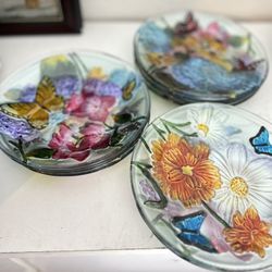 10 Beautiful Decorated With Flowers And Butterflies Transparent Glass Plates