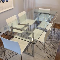 Glass and Chrome Dining Table and 6 White/Chrome Chairs