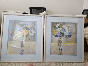 Pair of Signed Christine Chen Floral Artwork – Framed & Matted – Beautiful Matching Set