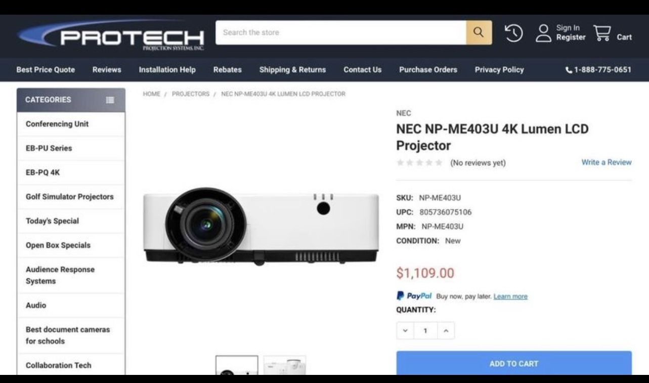 New Protech NEC Projector -$500