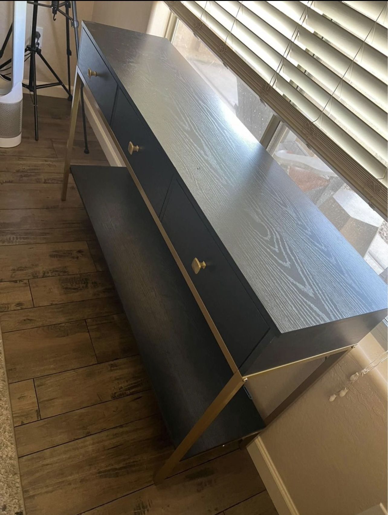 Gold and black Console Table with Drawers, Hallway Wall Table with Storage Shelves