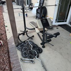 Bench press with 6ft bar plus curl bar and 200lbs of weights with dumbbells handles