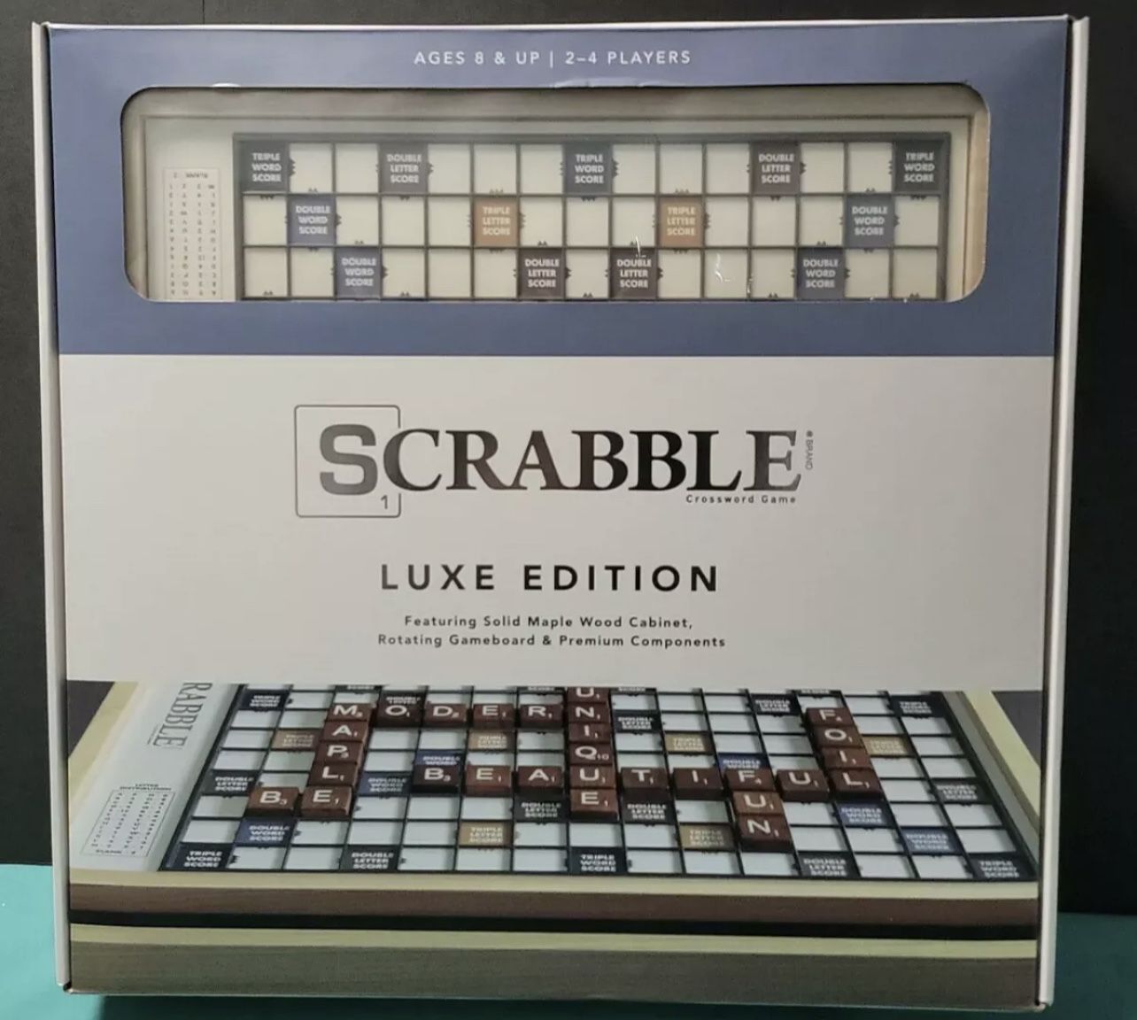 Scrabble Luxe Edition Rotating Game Board w/Maple Wood Cabinet Brand New
