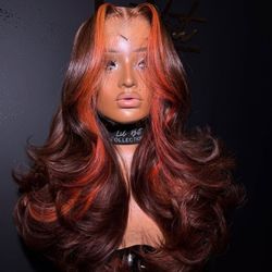 Brown Human Hair Lace Wig w/ Orange Highlights 