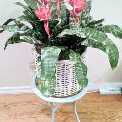 Large Artificial Fake Pink Aechmea Fasciata Flowers Urn Plant Silver Vase Rattan Wicker Pot Floral Centerpiece