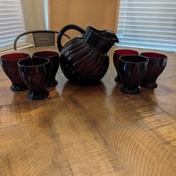 Vintage Tilt Ball Pitcher with 6 water glasses Depression glass swirl red glass ice catcher pitcher farmhouse collectible display

