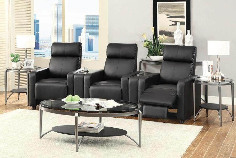 Brand New Home Theater Recliner Set In Black Leather 3 Seat Recliners With Cup Holders