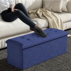 MoNiBloom 43 Inches Folding Storage Ottoman Bench, Storage Chest, Padded Seat, End of Bed Bench, Linen Fabric Ottoman Footrest for Living Room, Bedroo