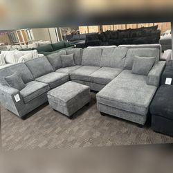 Slate Gray chenille sectional couch with ottoman