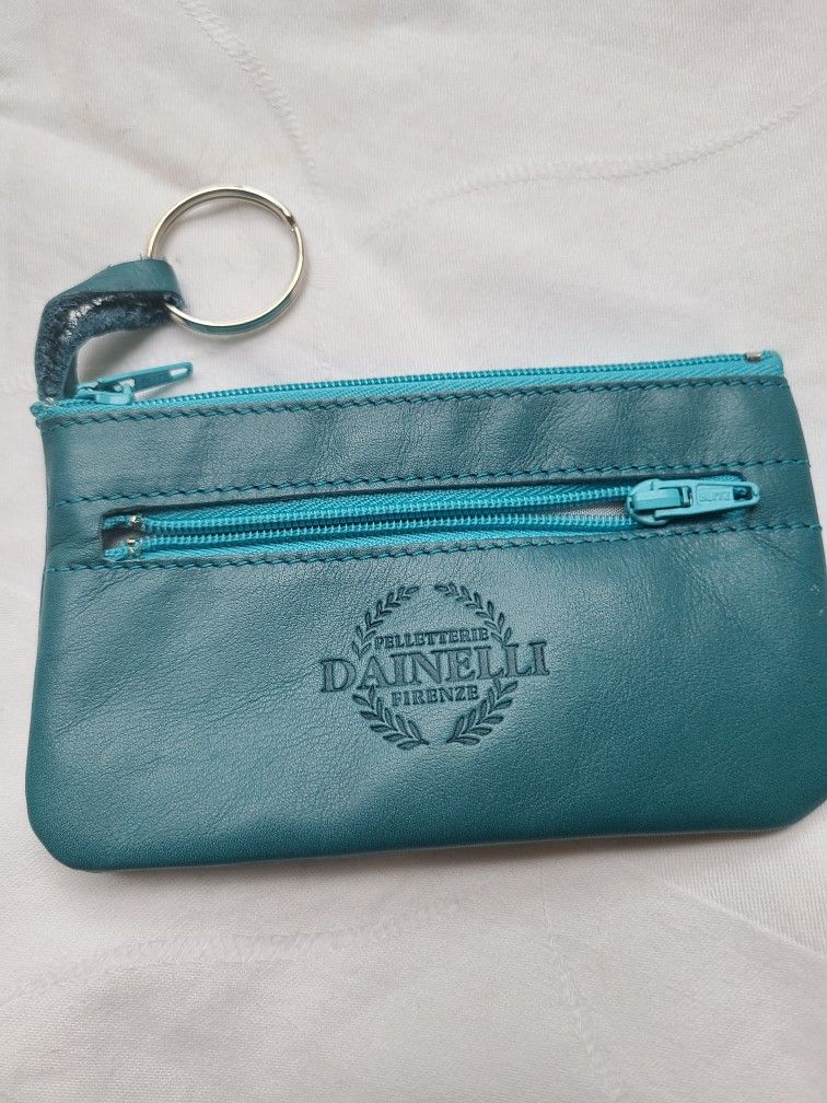 Florence Italian Coin Purse Keychain Wallet Genuine Leather Turqoise Teal Dainelli