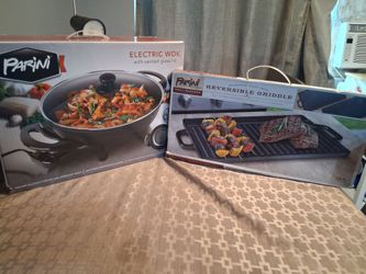 Brand New Parini Electric Wok & Cast Iron Reversible Griddle Set