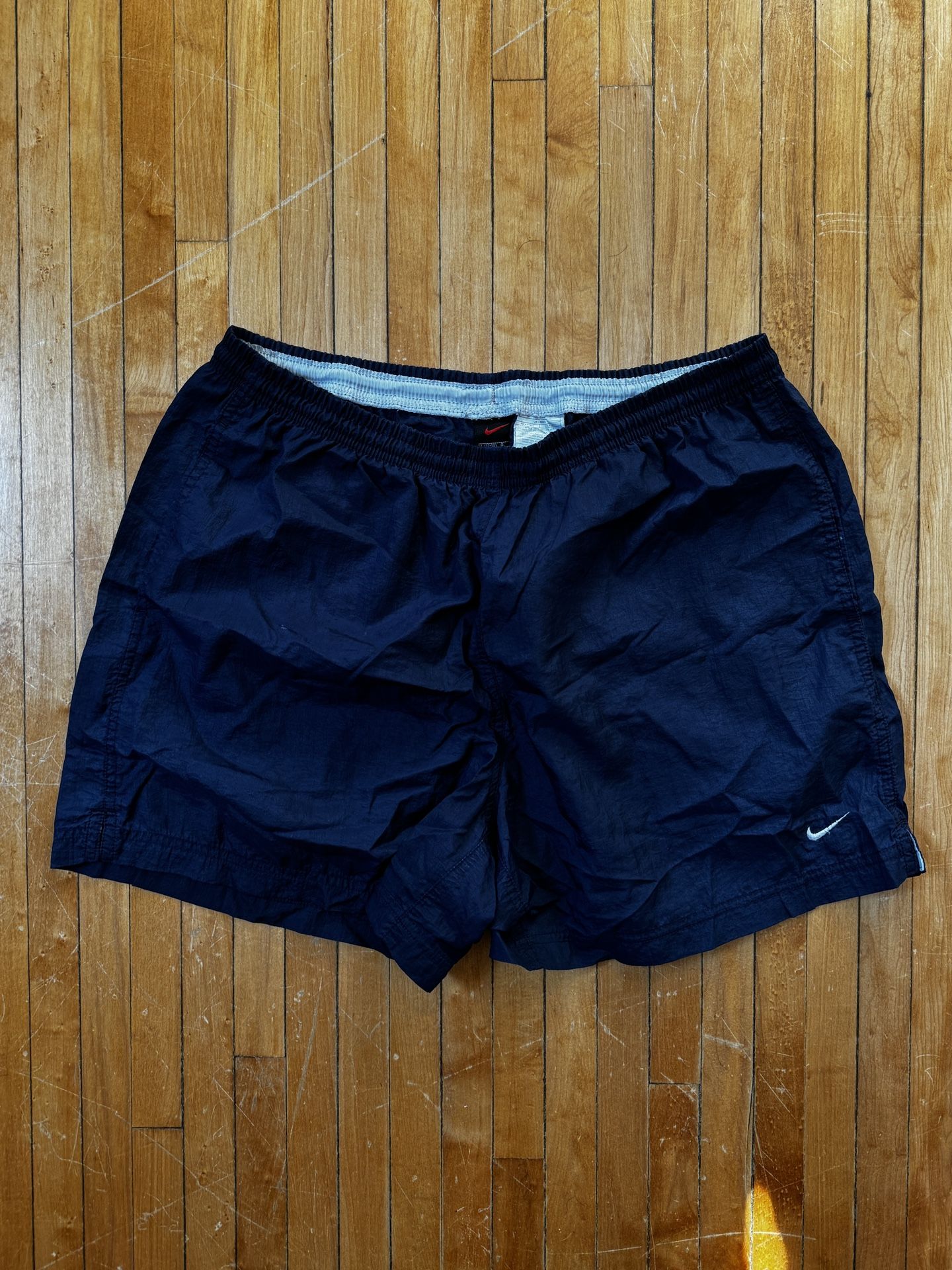 VTG 90s Nike Small White Swoosh Men’s Nylon Navy Blue Shorts Sz. L
