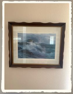 Signed Seascape Lithograph in Wood and Gold Frame