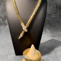 Vintage 2000s Gold Mesh Rhinestone Snake Necklace & Bracelet Set