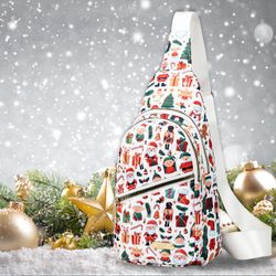 Christmas‑Themed Printed Quilted Sling Bag, Women Casual Crossbody Chest Bag, Lightweight Outdoor S