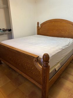 Solid Oak Wood Bed Frame, Dresser, Nightstand, Mattress