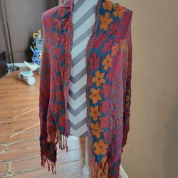 Red Floral Fringe Wrap with Mustard Accents