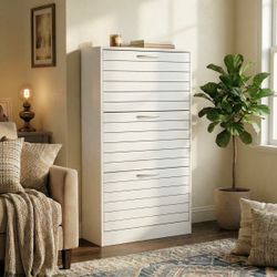 42.3 in. H x 22.4 in. W White Wooden Shoe Storage Cabinet with Silver Handles, 3-Drawers, 18-Pairs