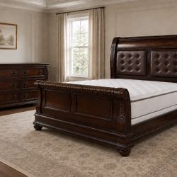Luxury Queen Sleigh Bed with Mattress and Box with Dresser