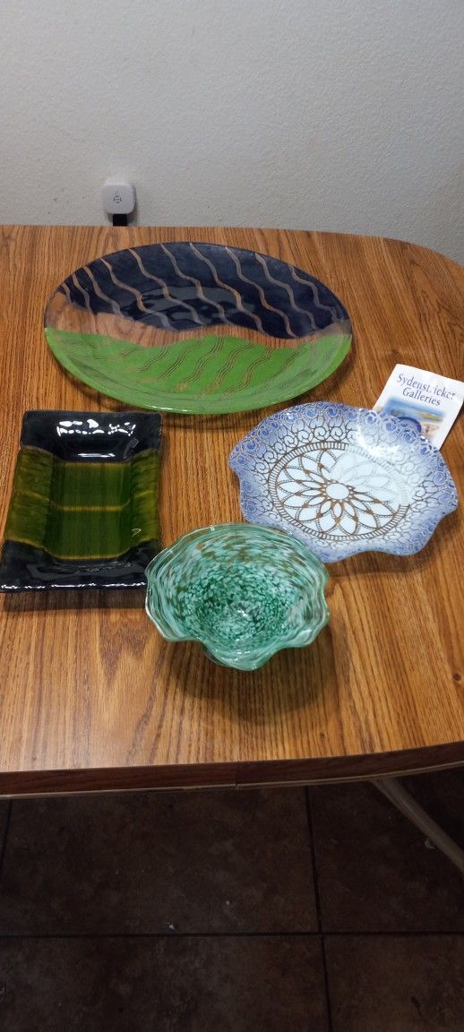Vintage Lot Of Art Glass Signed Pieces Candy Dish Platter Plate Dish