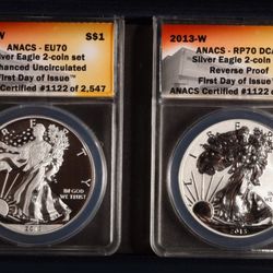 2 Coin Set • 2013 W American Silver Eagle • West Point Mint • Enhanced + Reverse Proof OGP Box • First Day of Issue • ANACS RP70 DCAM + EU70