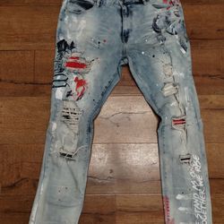 Smoke Rise 38x33 Distressed Tattered Graffiti Paint Splatter Acid Mens Jeans.