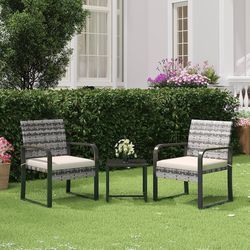 3 Piece Outdoor Patio Furniture Set, Patio Bistro Set Wicker Conversation Set, Modern Rattan Chair with Glass Coffee Table for Backyard, Porches, Pool