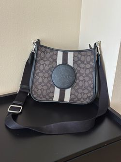 COACH Signature Jacquard Crossbody Bag Black Gray Stripe Leather Trim Purse