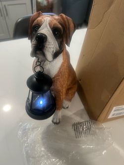Impressive Boxer Dog Garden Sculpture Holding Solar Lighted Lantern