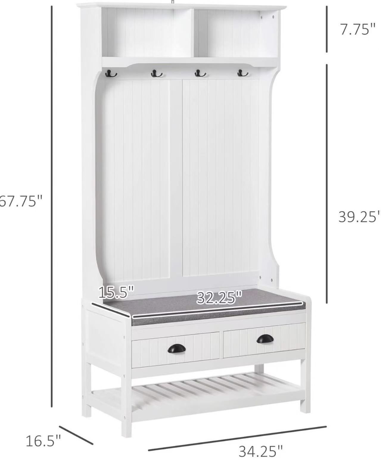 3-in-1 Hall Tree, Entryway Bench with Coat Rack, Mudroom Bench with Shoe Rack, 2 Storage Drawers, 4 Hooks and Padded Seat Cushions for Hallway, White
