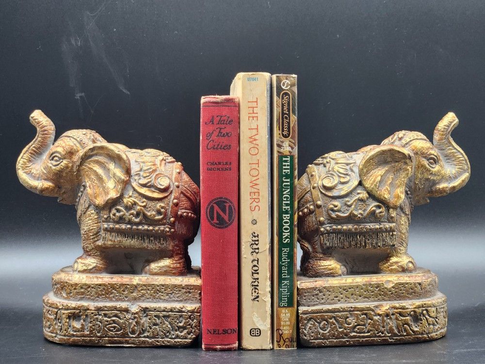 Vintage Sculptural Gold Indian Elephant Bookends