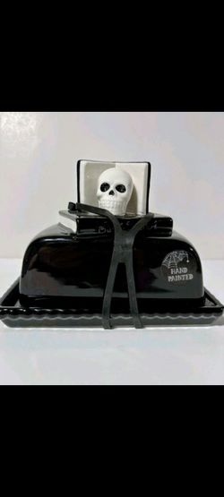 Halloween Butter Dish Gothic Skull Spellbook Hand Painted Ceramic