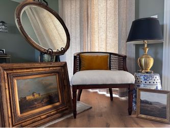 Vintage English Library Collection | Brass Lamp, Oval Mirror, Cane Chair & Artwork