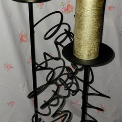 Vintage Wrought Iron  Floor Pillar Wine Bottles And Candle Holders 