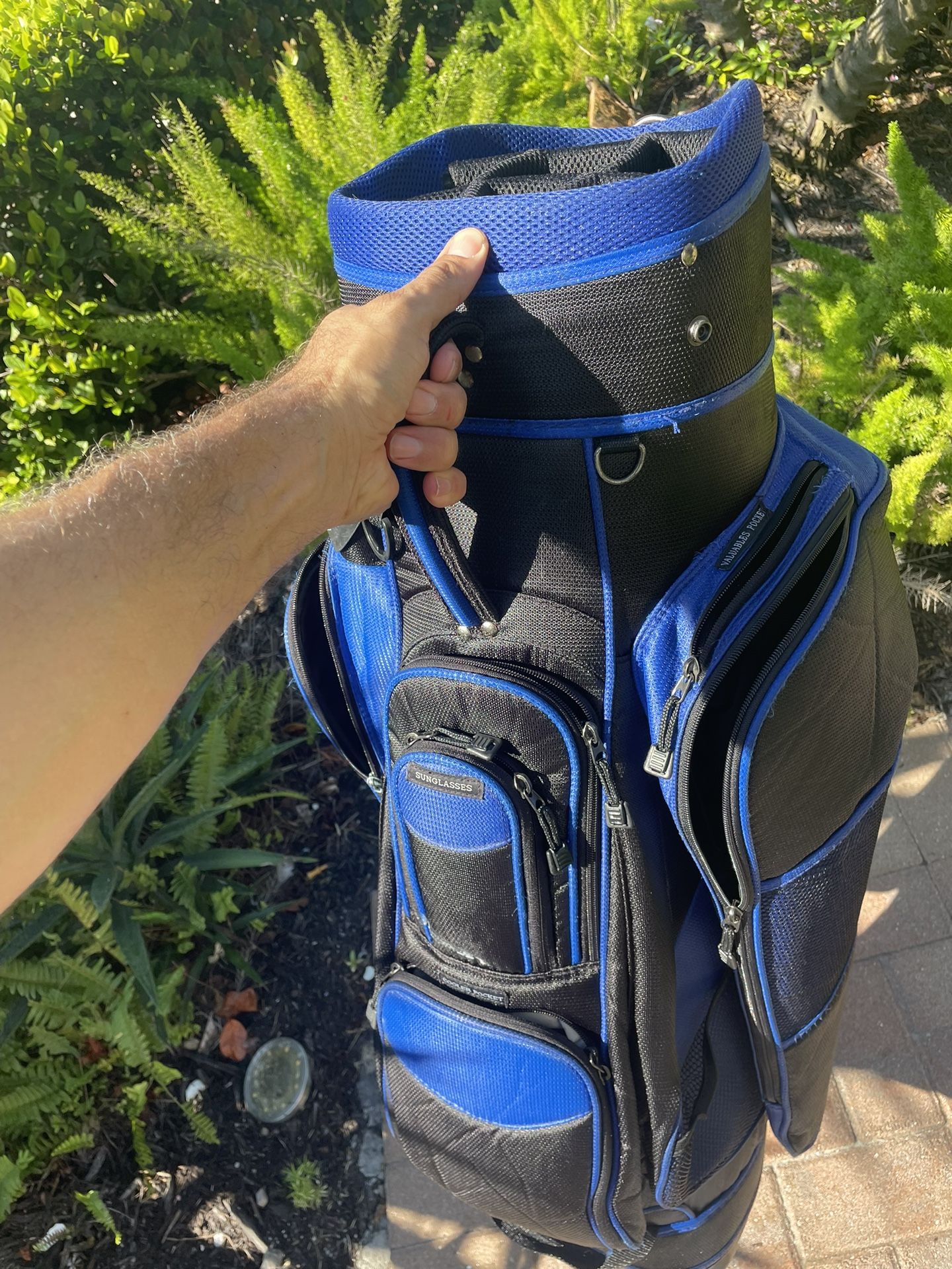 Golf cart bag by Blue metal With club dividers and cooler pocket .