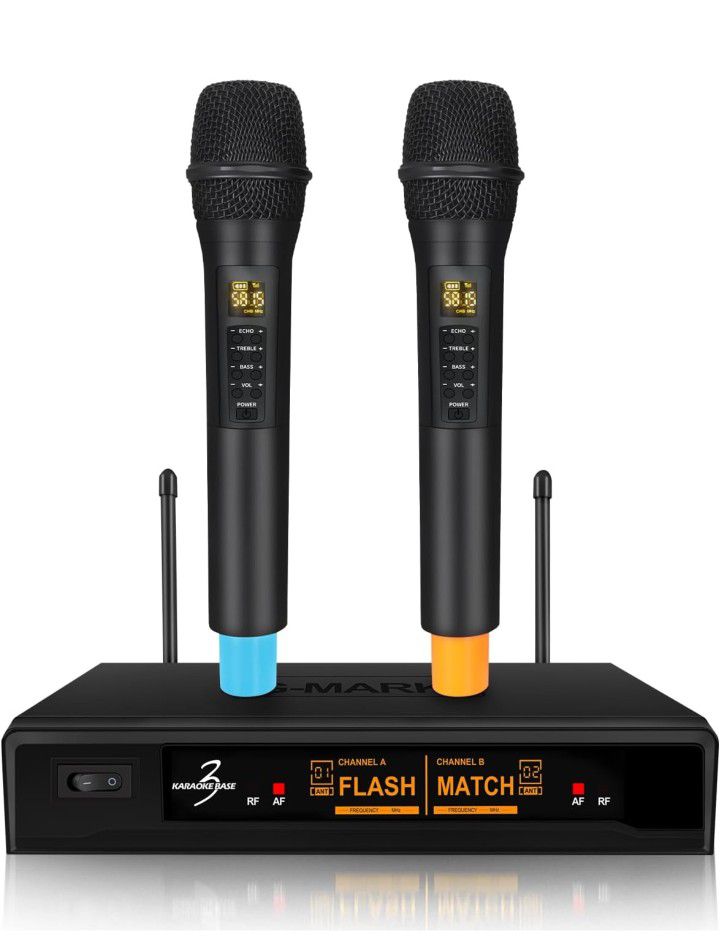 G-MARK Karaoke Base 3 Pro UHF 2 Channel Wireless Microphone System, 2 Cordless Handheld Microphones, 3.5mm AUX, Ideal for Home Karaoke, Church, Weddin