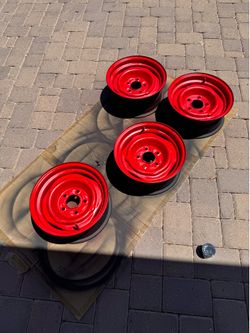 14x6 Red Chevy Disc Brake Steelies. Blasted and Painted
